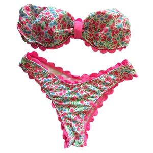 Pink Floral Scalloped Bandeau Bikini Two Piece Swimsuit Womens Small